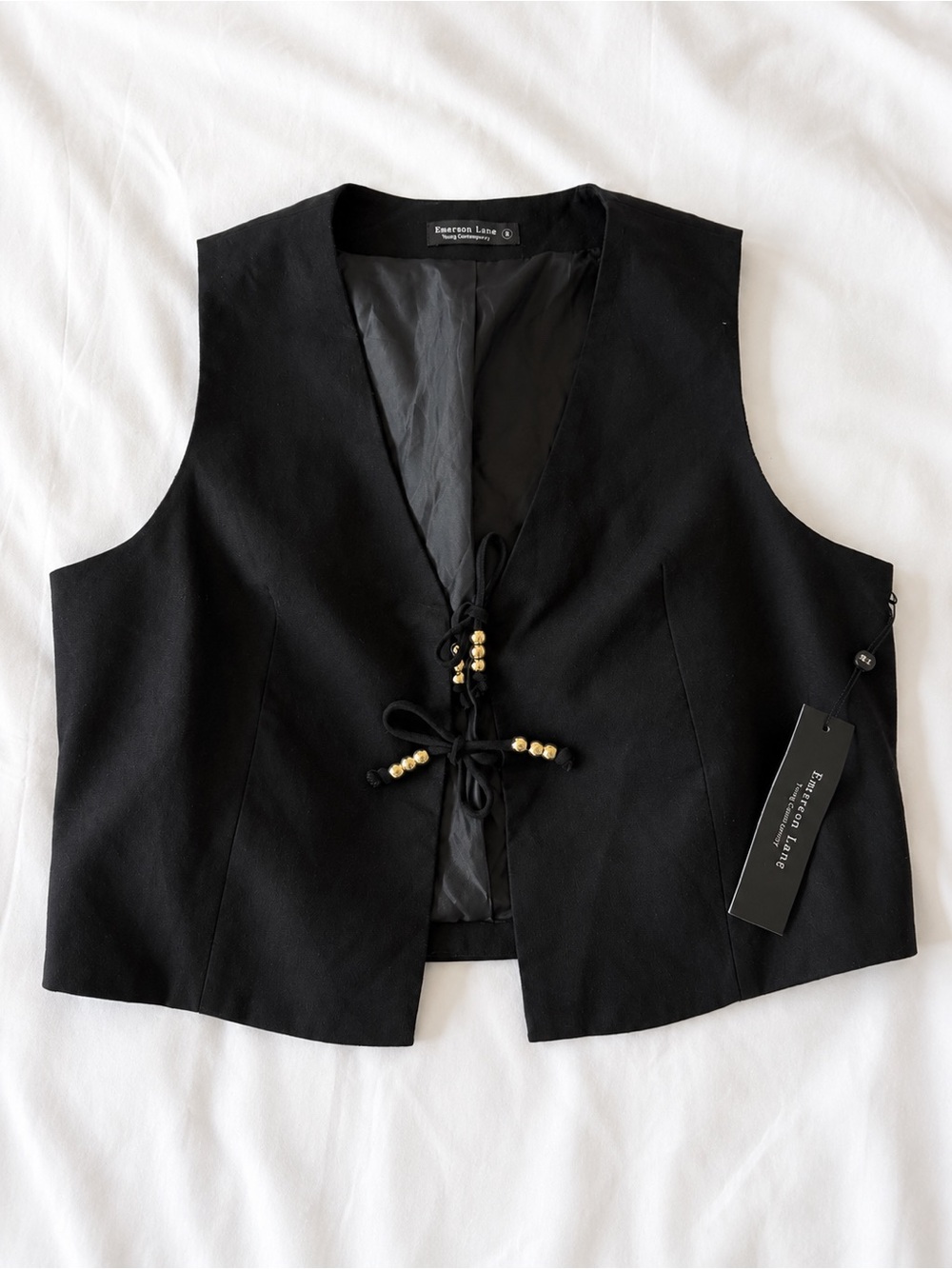 Emerson Lang Black Tie Front Vest Gold Bead Detail NWT Large